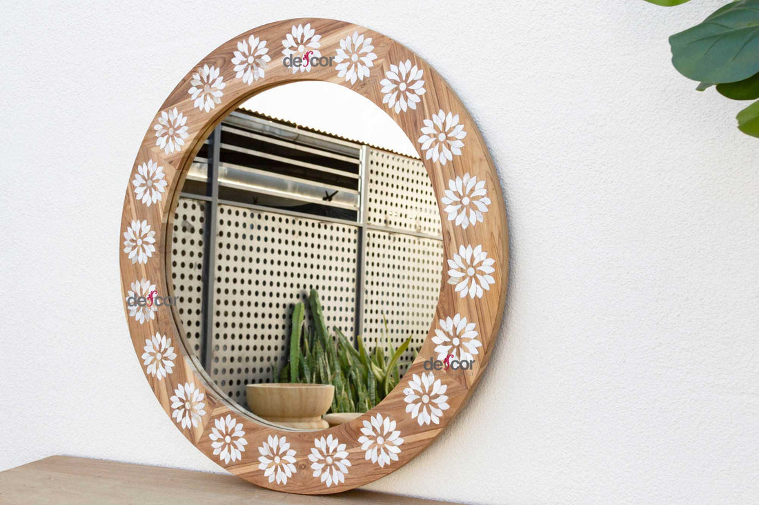 Round Reclaimed Teak Blossom Inlay Mirror