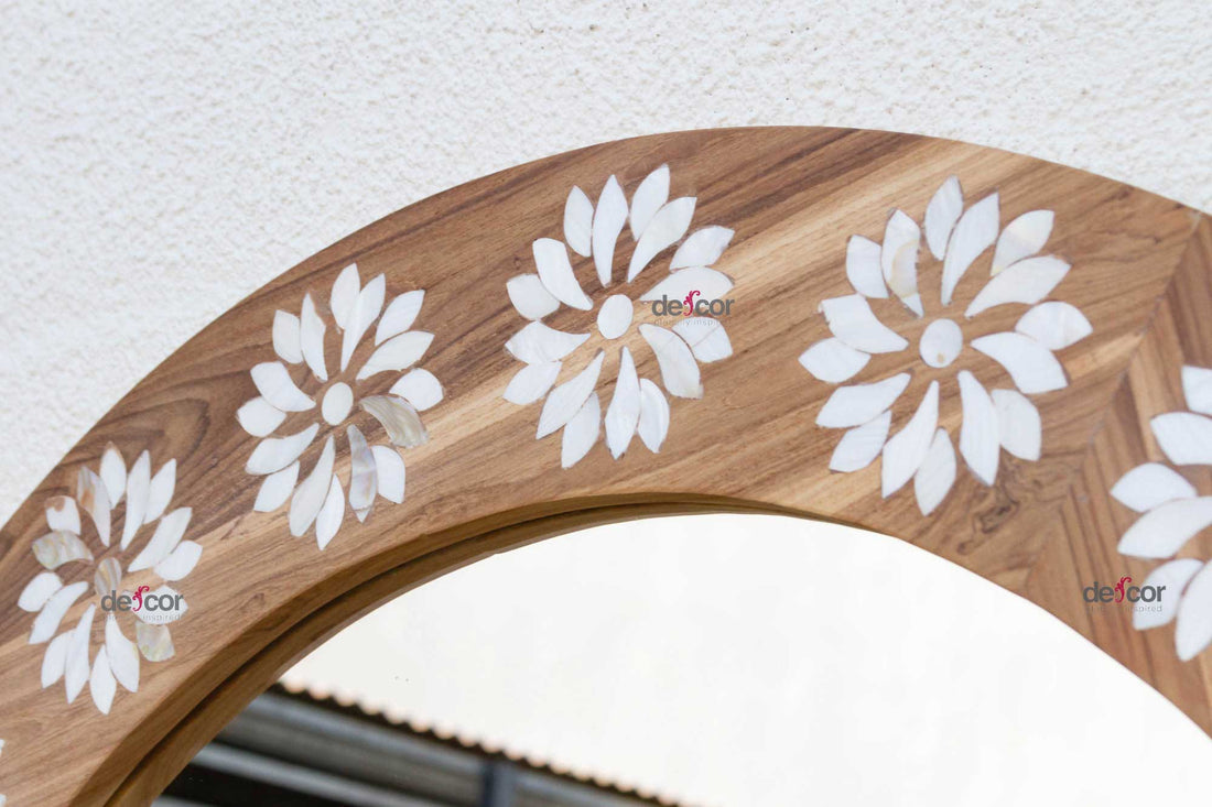 Round Reclaimed Teak Blossom Inlay Mirror