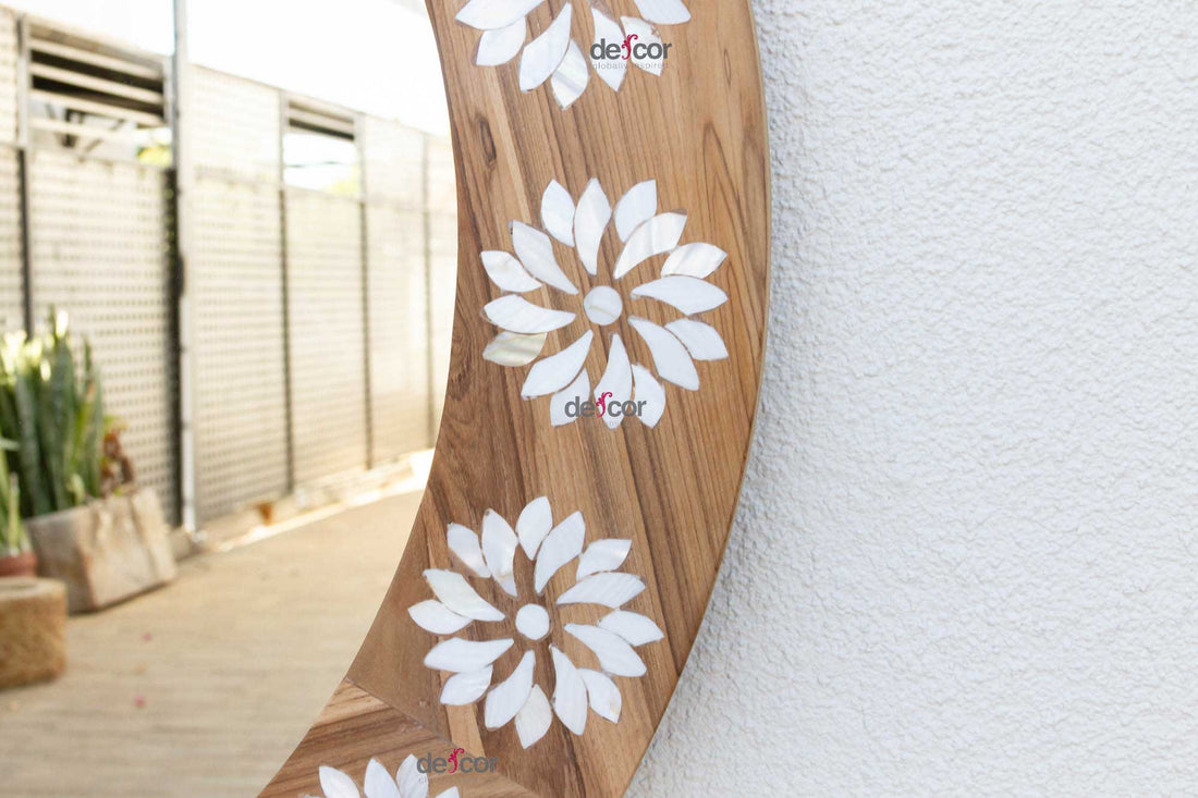 Round Reclaimed Teak Blossom Inlay Mirror