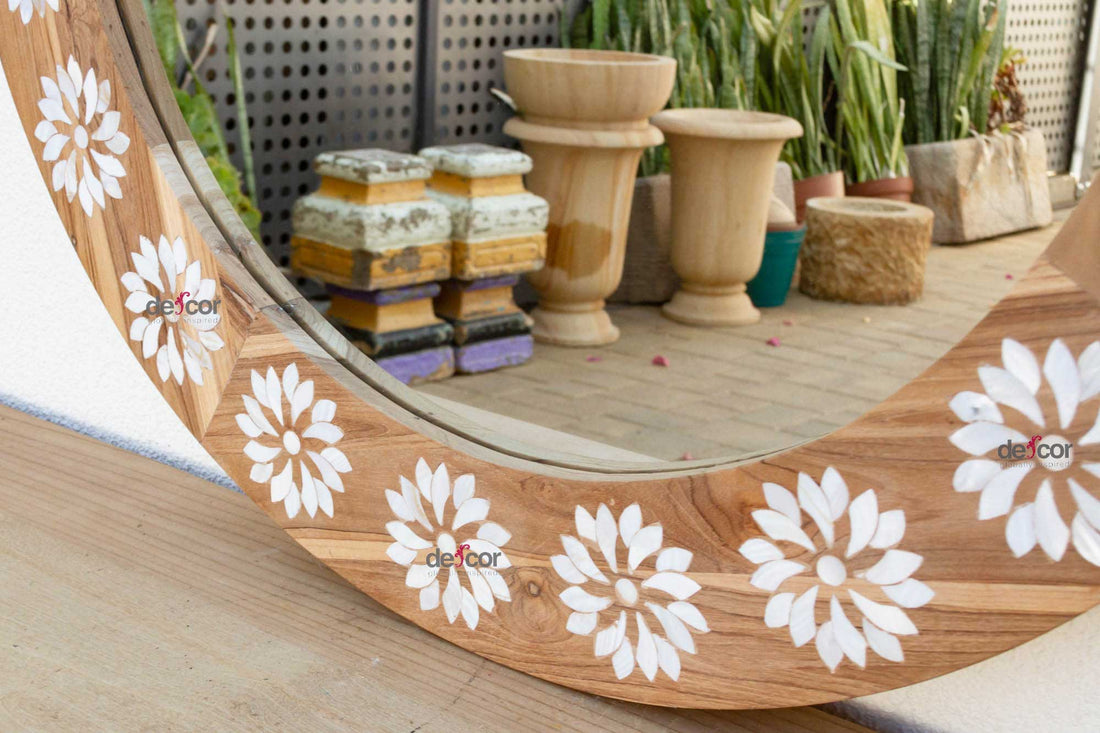 Round Reclaimed Teak Blossom Inlay Mirror