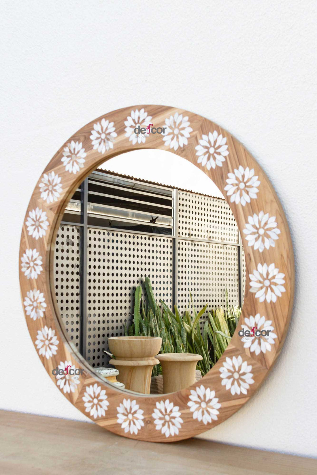 Round Reclaimed Teak Blossom Inlay Mirror
