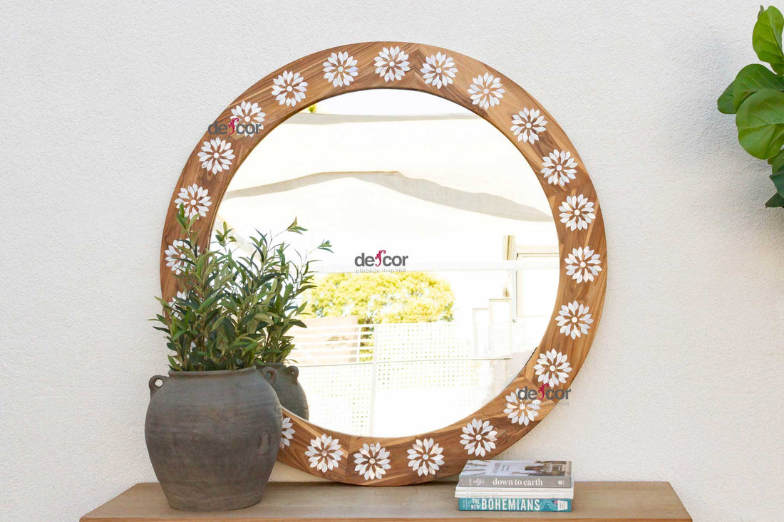 Large Teak Mother of Pearl Inlay Round Mirror