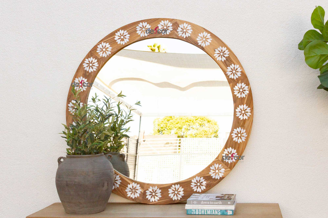 Large Teak Mother of Pearl Inlay Round Mirror