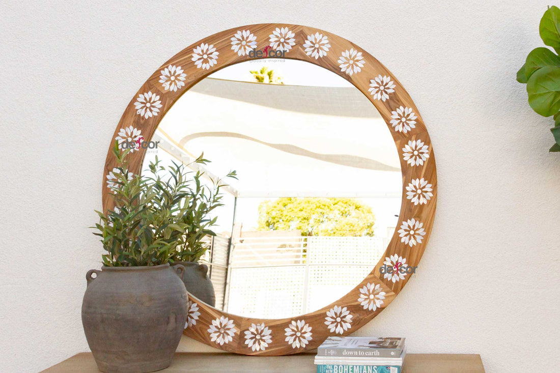 Large Teak Mother of Pearl Inlay Round Mirror