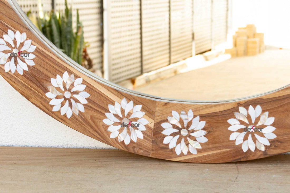 Large Teak Mother of Pearl Inlay Round Mirror