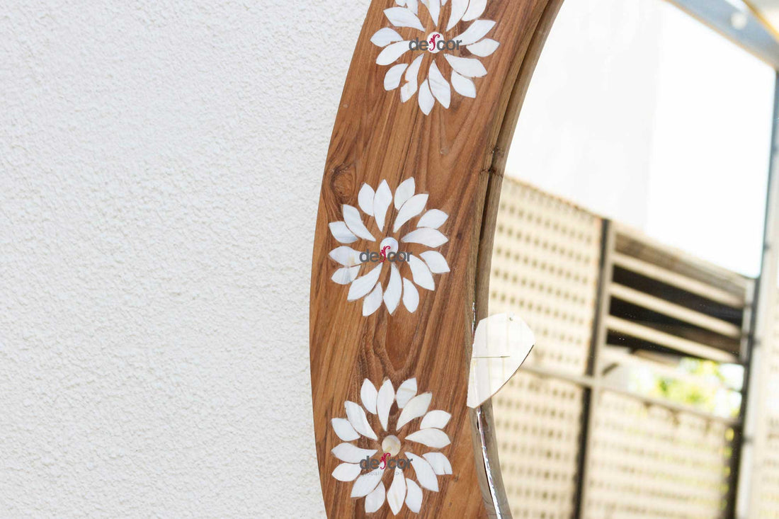 Large Teak Mother of Pearl Inlay Round Mirror