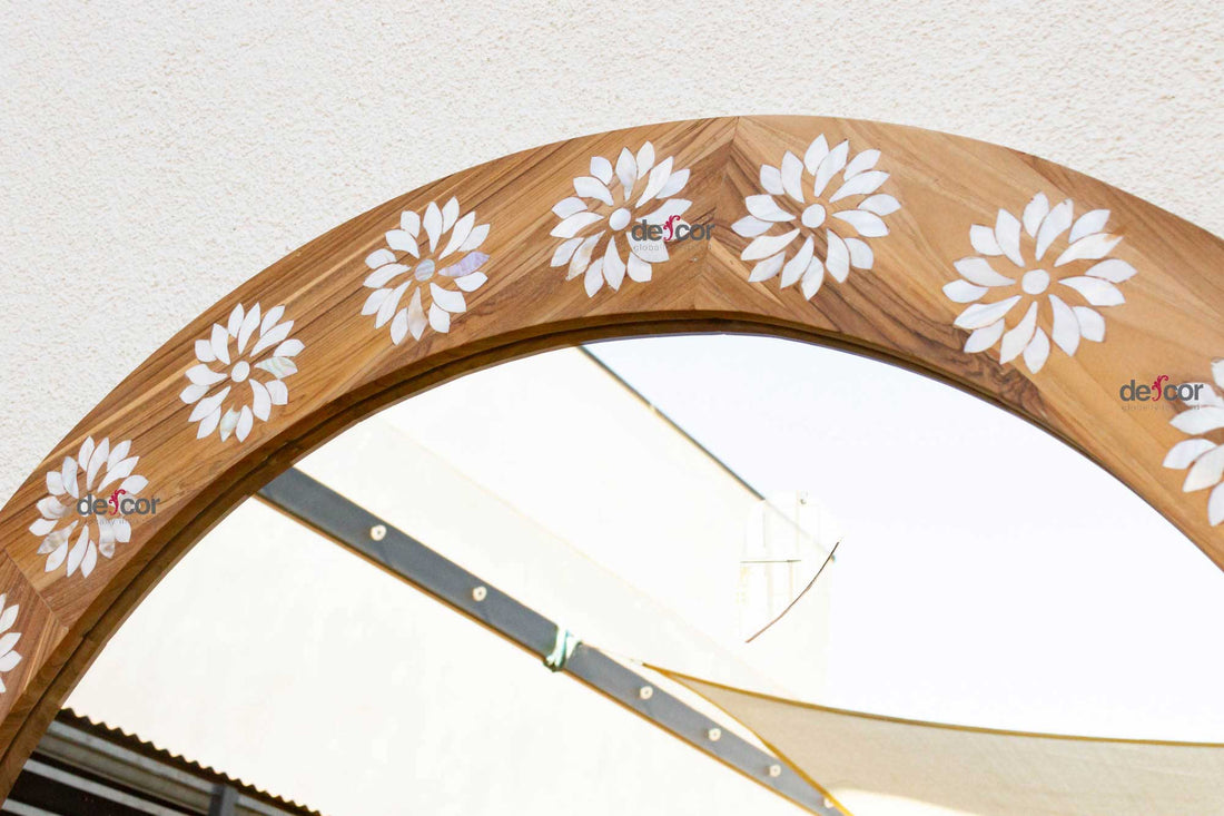 Large Teak Mother of Pearl Inlay Round Mirror