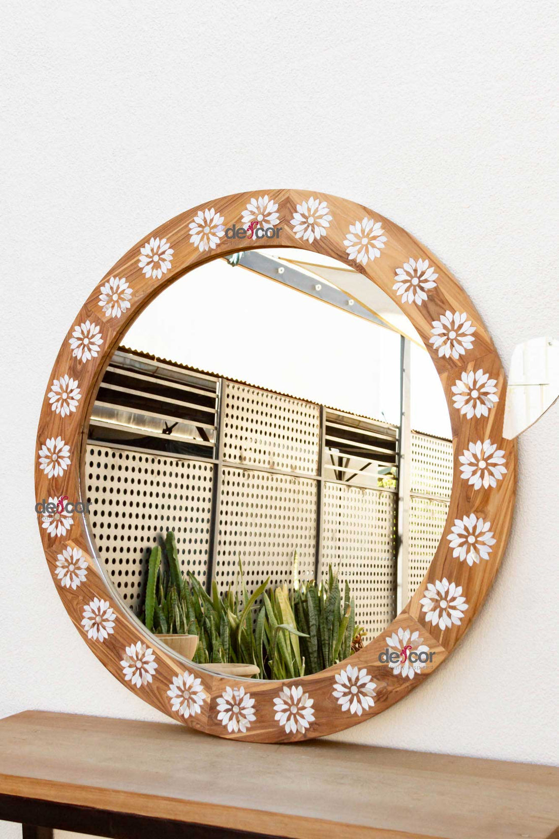 Large Teak Mother of Pearl Inlay Round Mirror