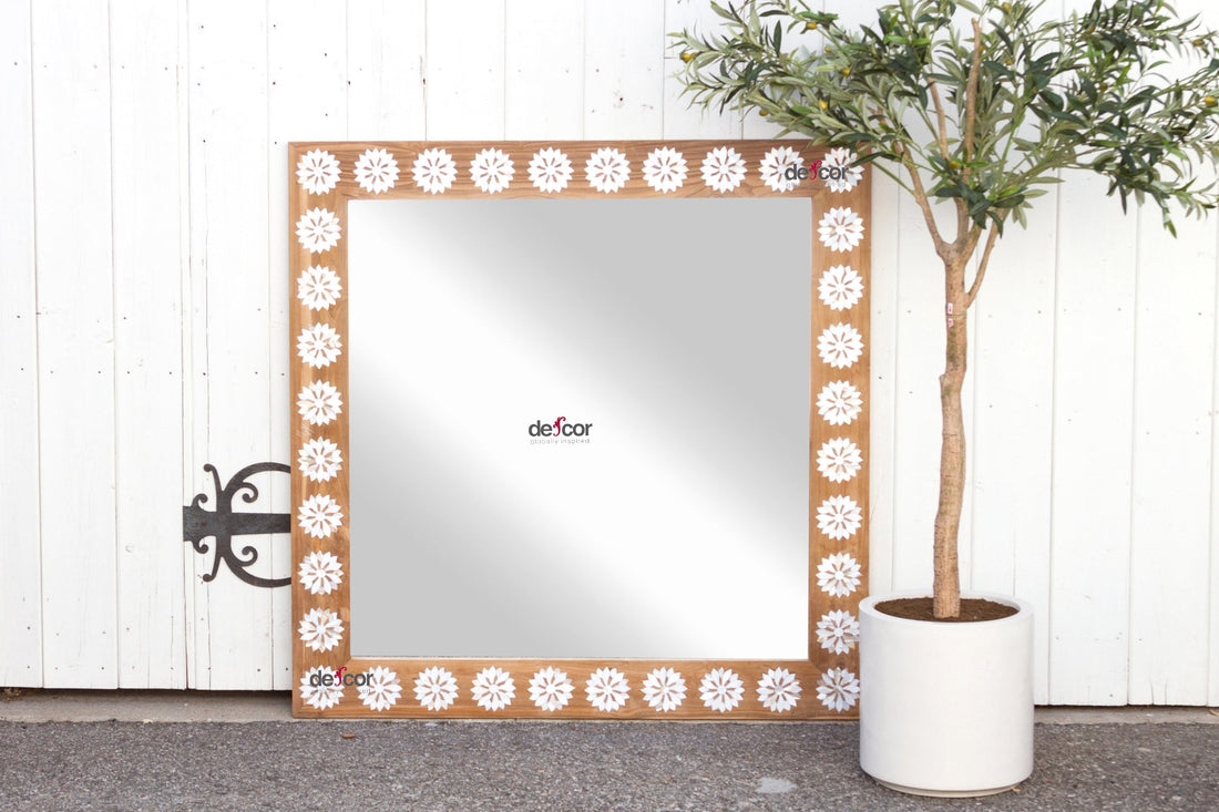 Square Reclaimed Teak Blossom Mother of Pearl Inlay Mirror