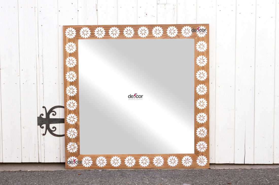 Square Reclaimed Teak Blossom Mother of Pearl Inlay Mirror