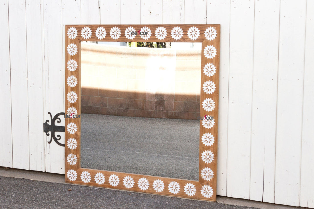 Square Reclaimed Teak Blossom Mother of Pearl Inlay Mirror