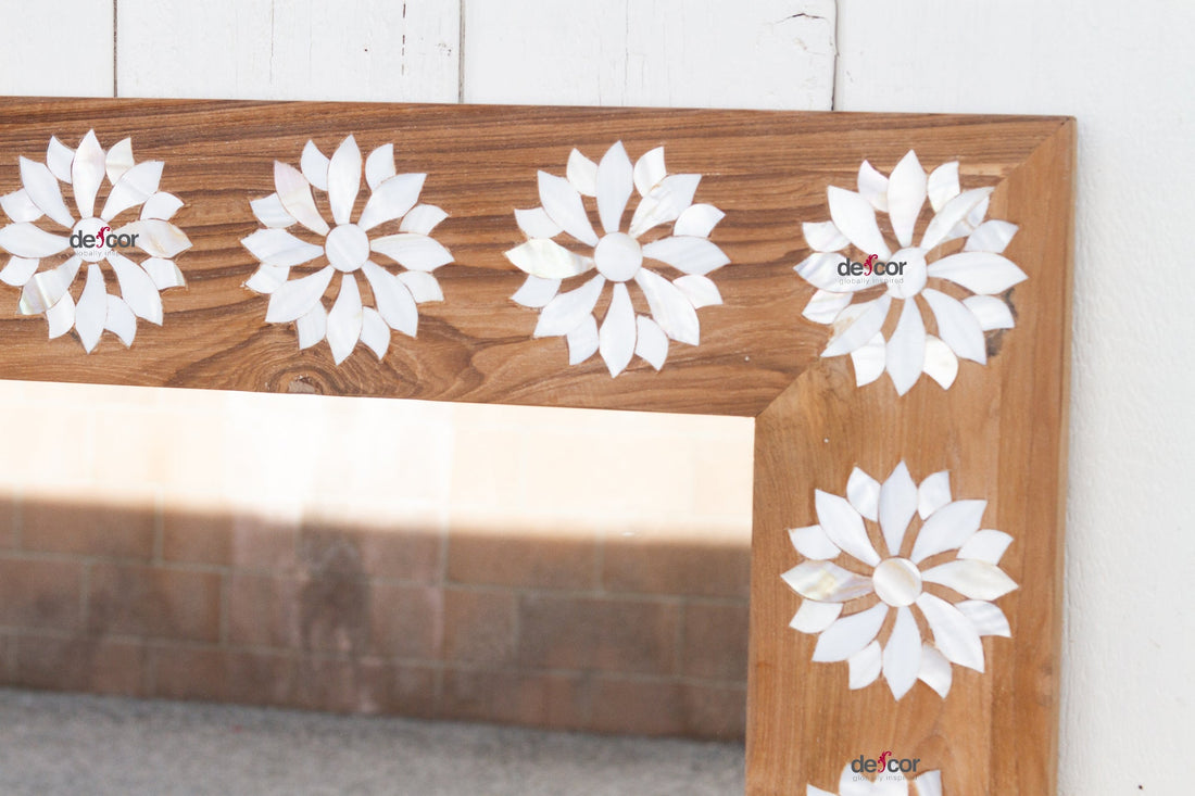 Square Reclaimed Teak Blossom Mother of Pearl Inlay Mirror