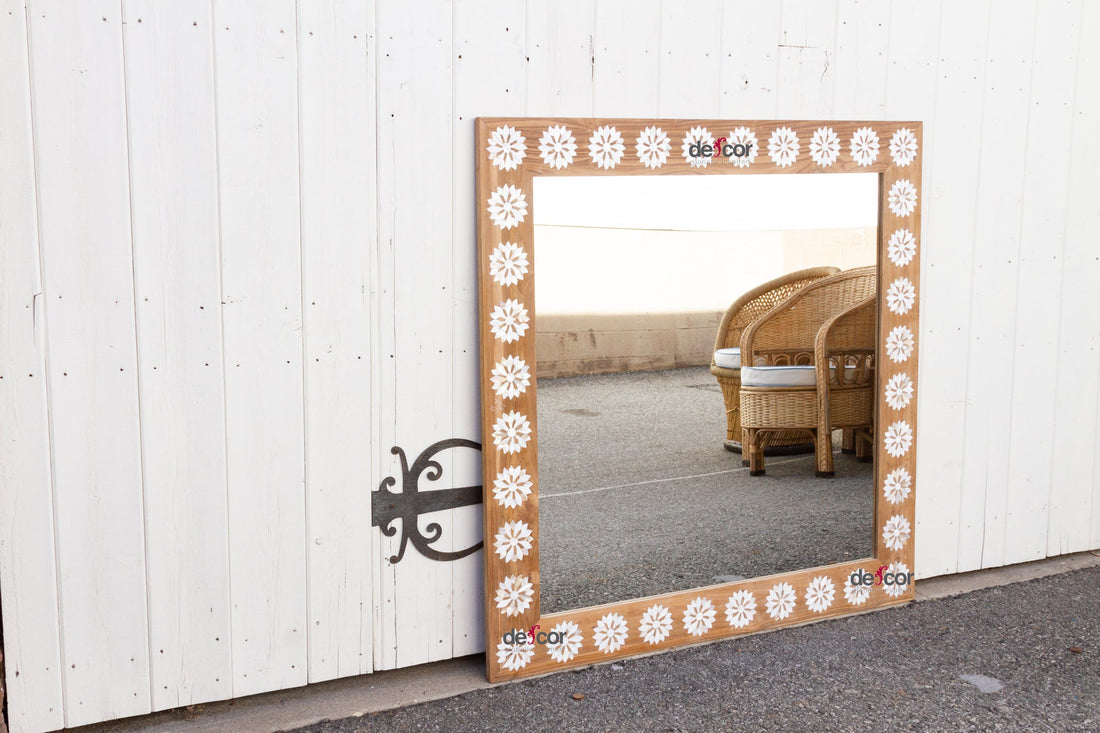 Square Reclaimed Teak Blossom Mother of Pearl Inlay Mirror