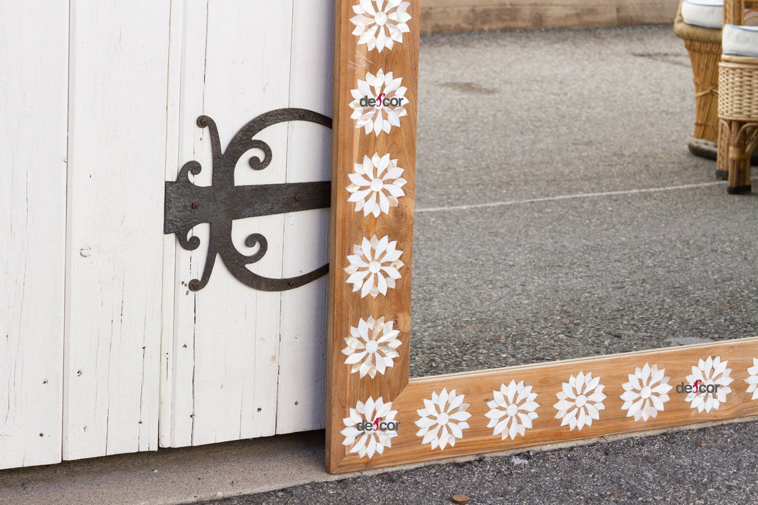 Square Reclaimed Teak Blossom Mother of Pearl Inlay Mirror