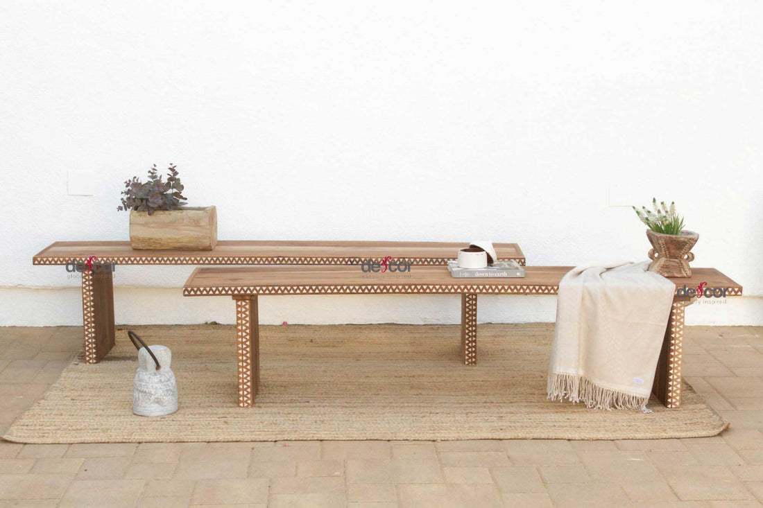 Pair of Teak Mother of Pearl Inlay Benches