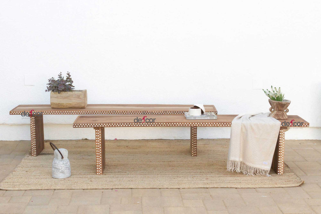Pair of Teak Mother of Pearl Inlay Benches