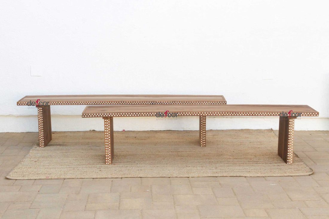 Pair of Teak Mother of Pearl Inlay Benches