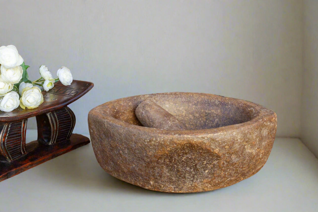 Aged Carved Stone Kharal Mortar