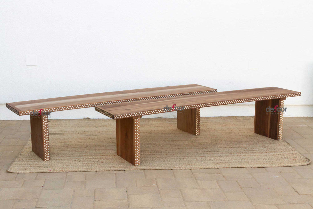 Pair of Teak Mother of Pearl Inlay Benches