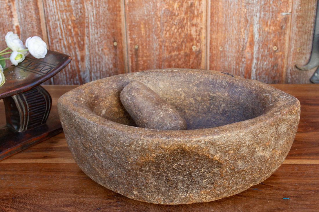Aged Carved Stone Kharal Mortar