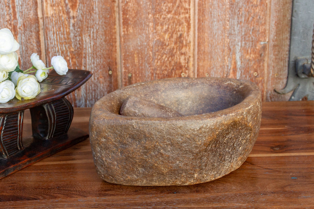 Aged Carved Stone Kharal Mortar