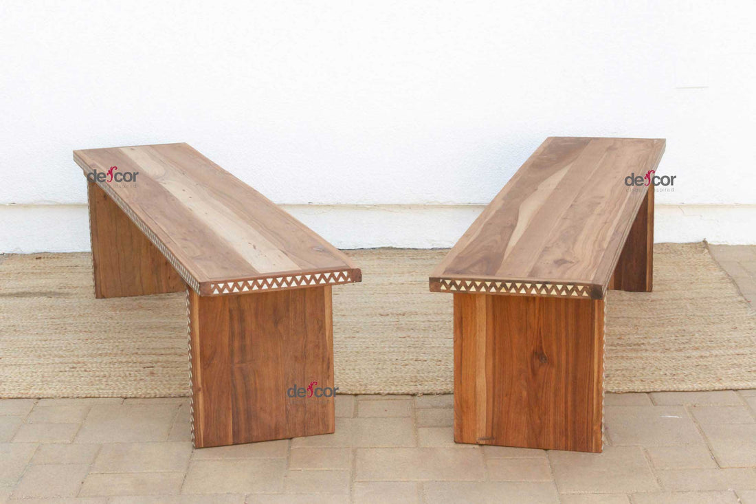 Pair of Teak Mother of Pearl Inlay Benches