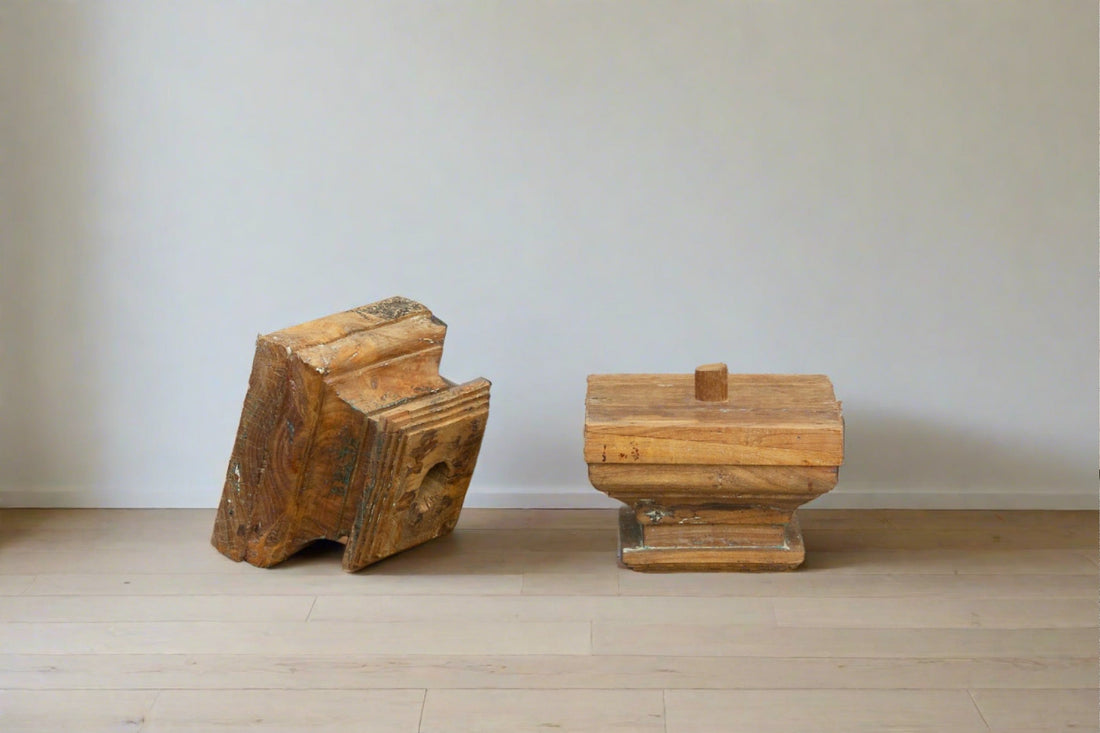 Set of Two Teak British Colonial Column Capitals