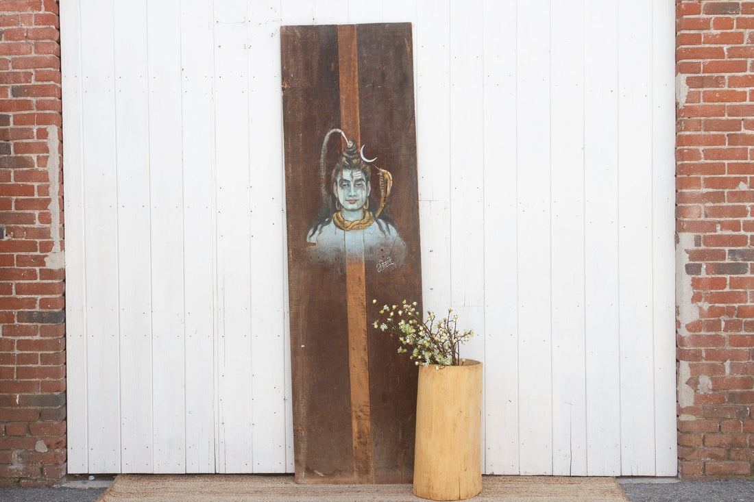 Tall Antique Painted Shiva Wood Panel