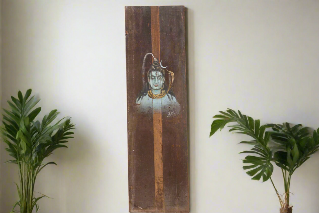 Tall Antique Painted Shiva Wood Panel