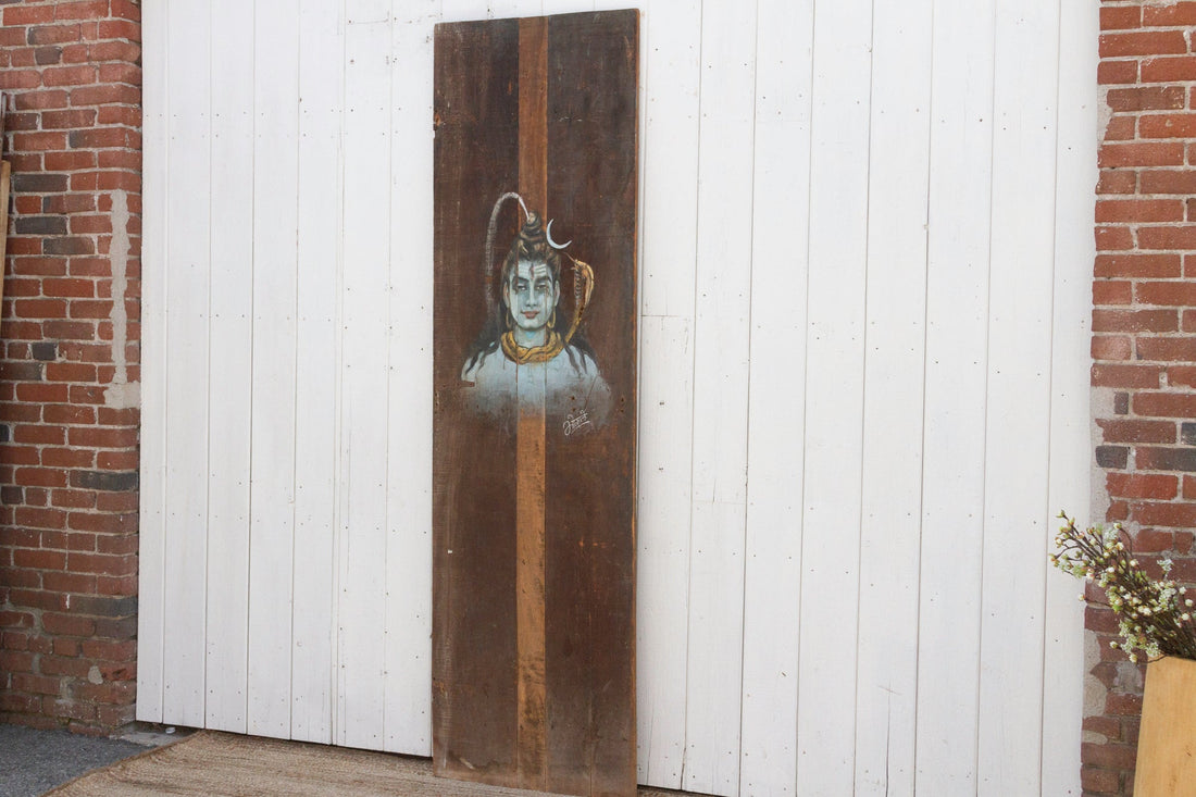 Tall Antique Painted Shiva Wood Panel