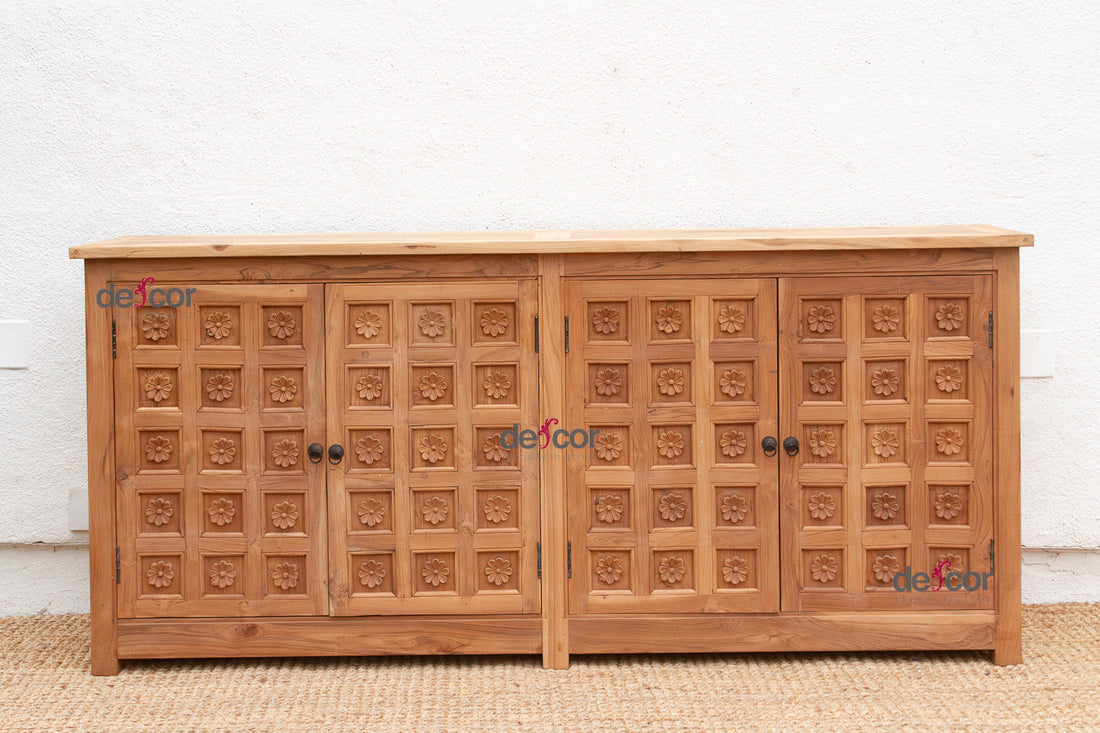 80" Long Reclaimed Teak Lotus Flower Credenza (Trade)