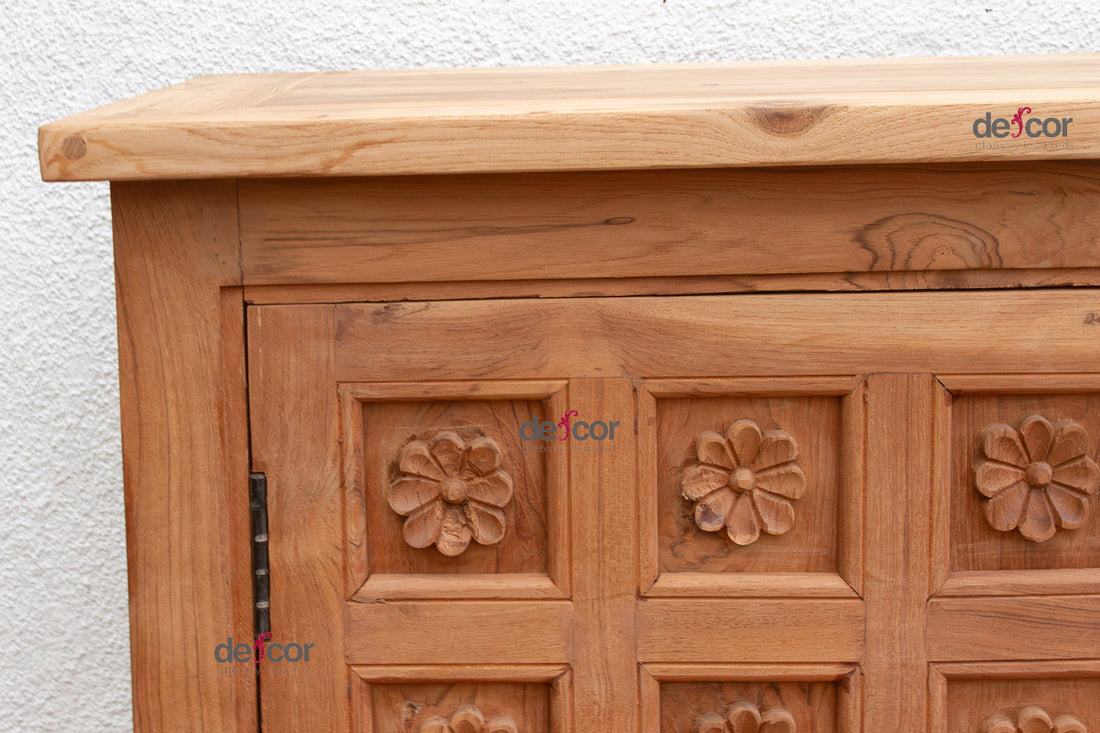 80" Long Reclaimed Teak Lotus Flower Credenza