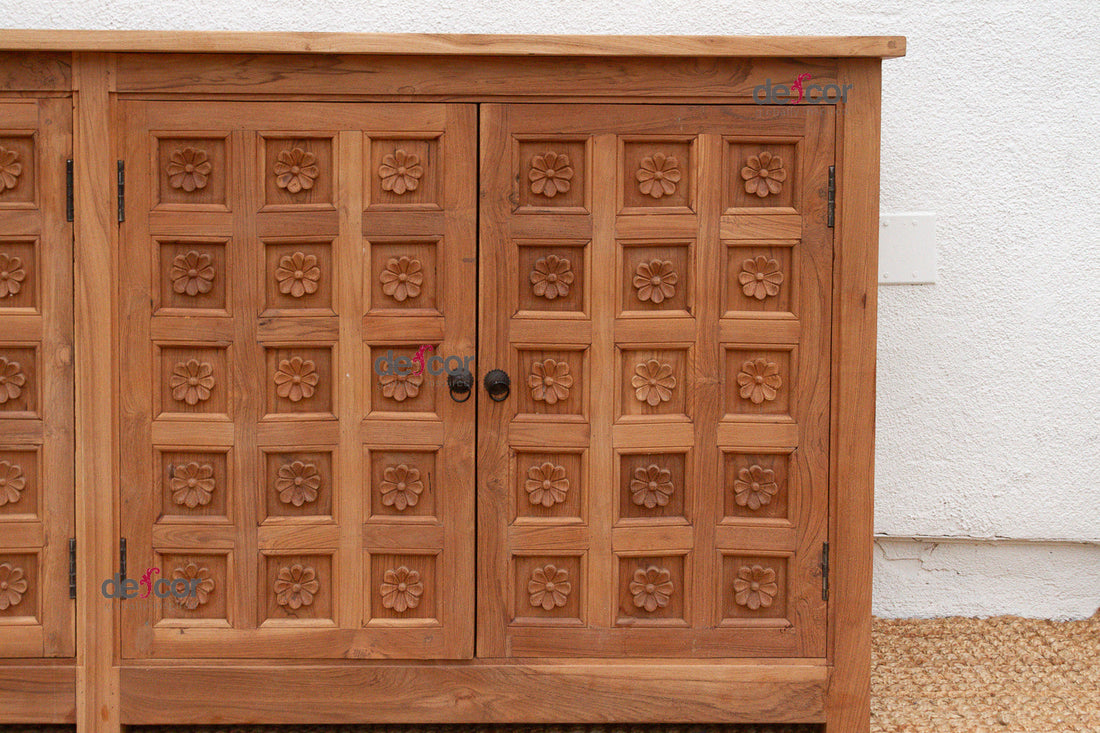 80" Long Reclaimed Teak Lotus Flower Credenza