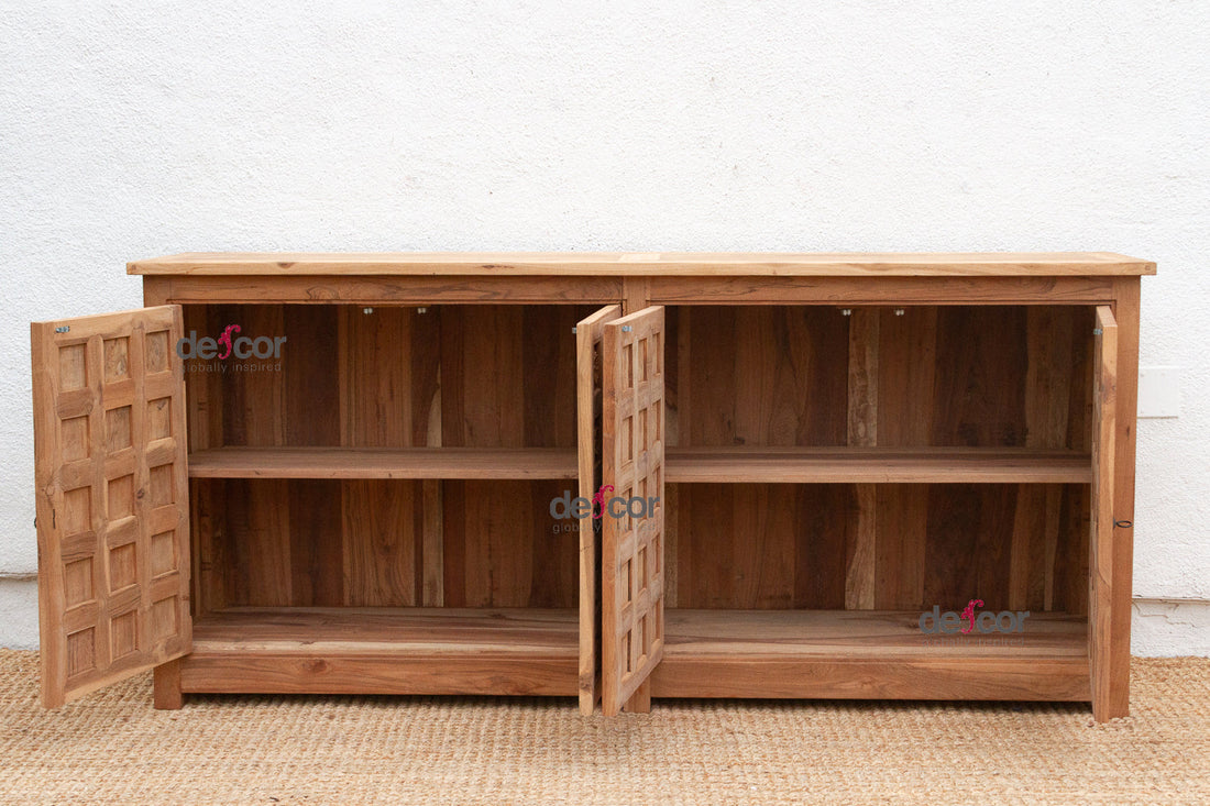 80" Long Reclaimed Teak Lotus Flower Credenza