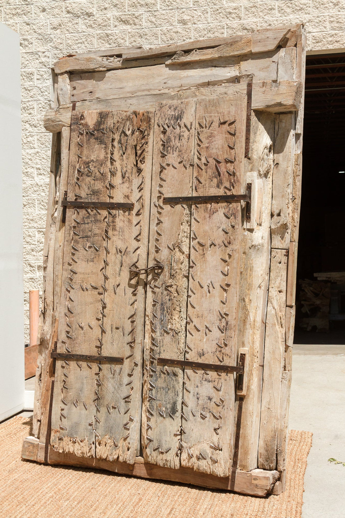 Sunbleached Teak Rajasthani Fort Door w/ Brass Studs