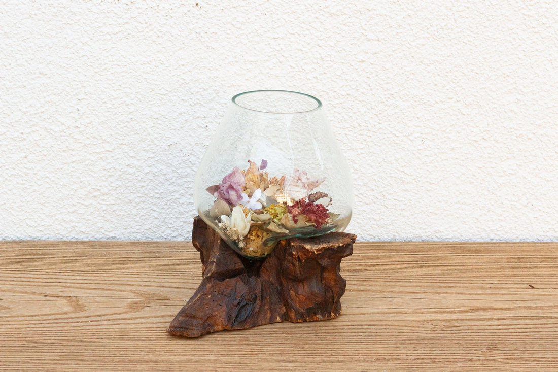 Natural Teak Mouth-Blown Glass Bowl
