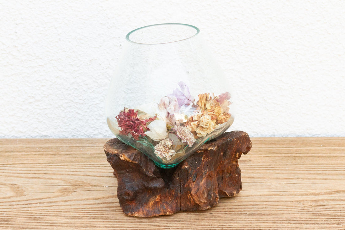Natural Teak Mouth-Blown Glass Bowl