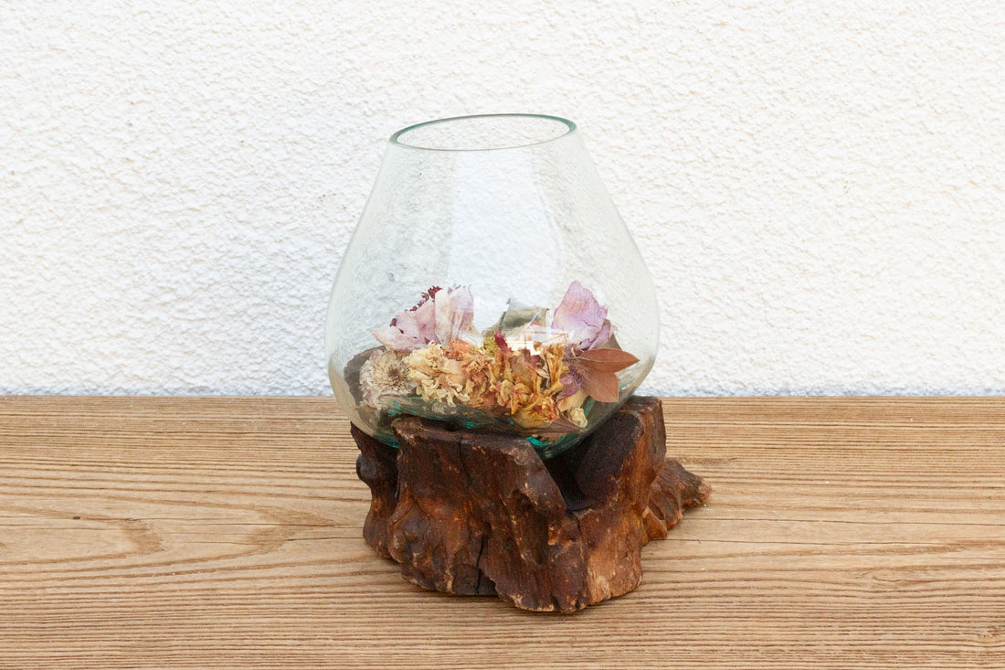 Natural Teak Mouth-Blown Glass Bowl