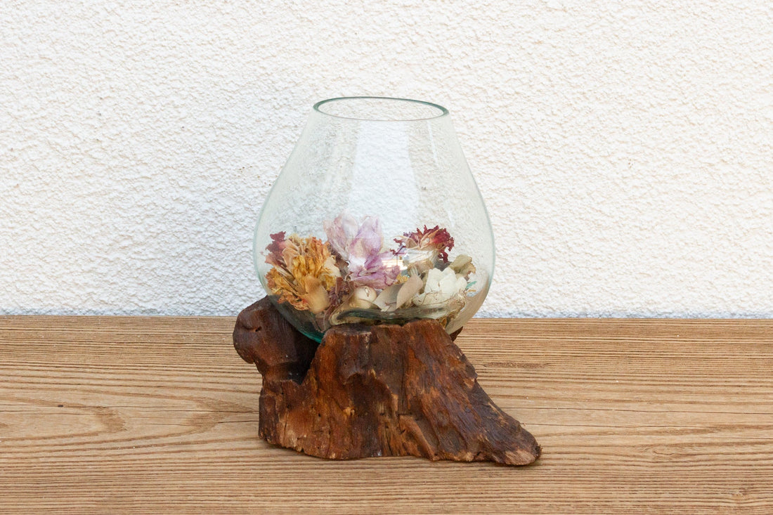 Natural Teak Mouth-Blown Glass Bowl