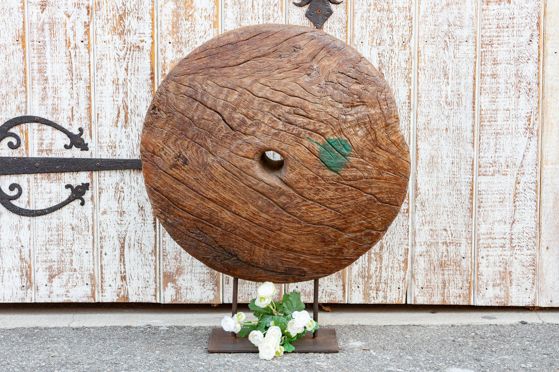 Large Antique Teak Wheel With Iron Stand