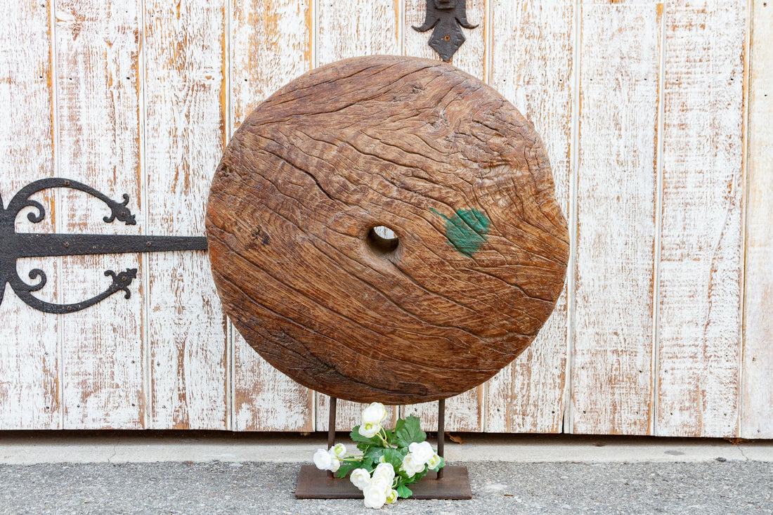 Large Antique Teak Wheel With Iron Stand