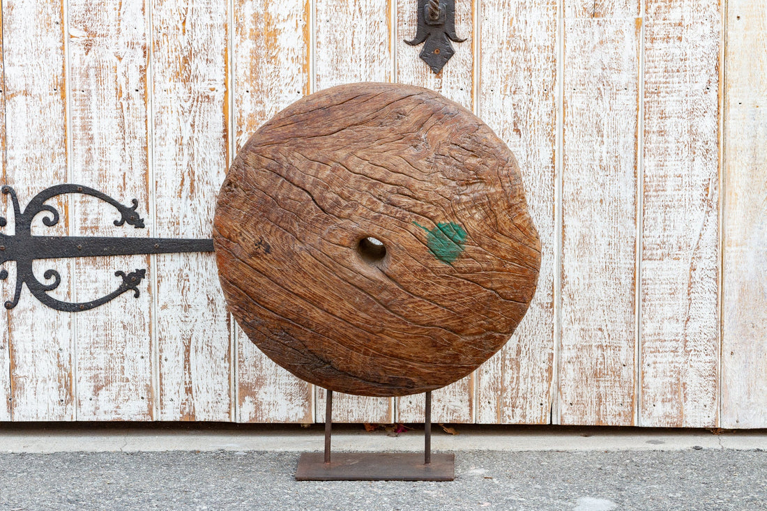 Large Antique Teak Wheel With Iron Stand