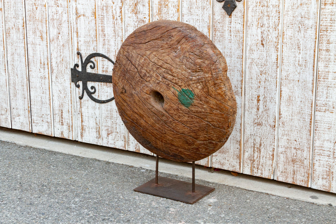 Large Antique Teak Wheel With Iron Stand