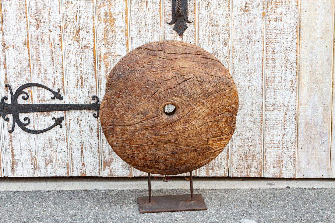 Large Antique Teak Wheel With Iron Stand