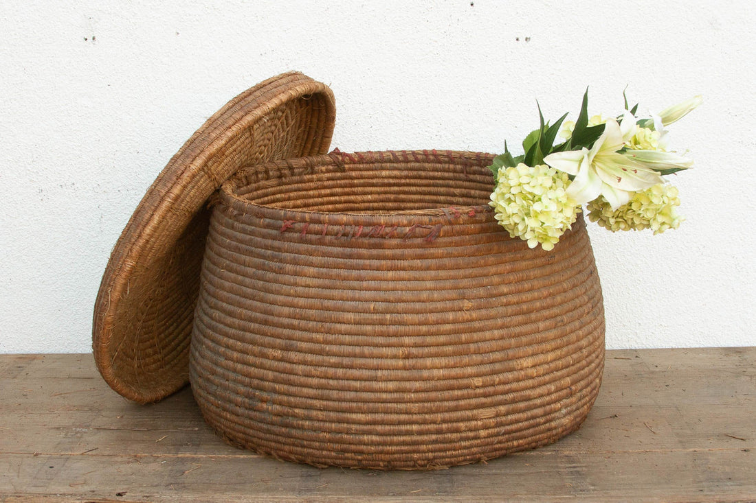 Earth Tone Antique Storage Basket with Lid