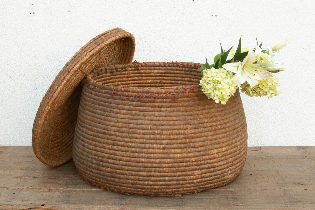 Earth Tone Antique Storage Basket with Lid