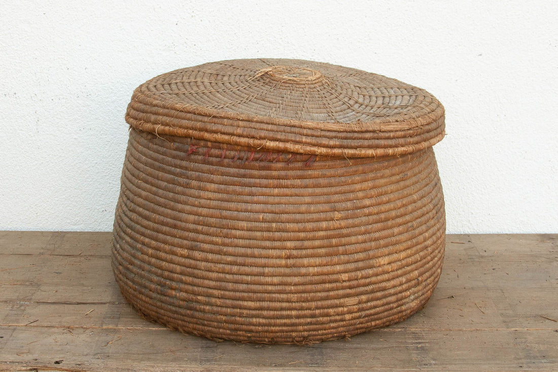Earth Tone Antique Storage Basket with Lid