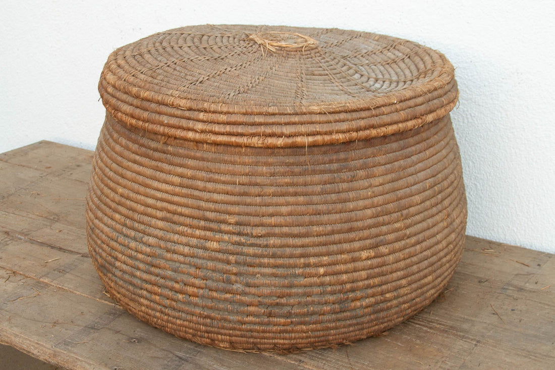 Earth Tone Antique Storage Basket with Lid