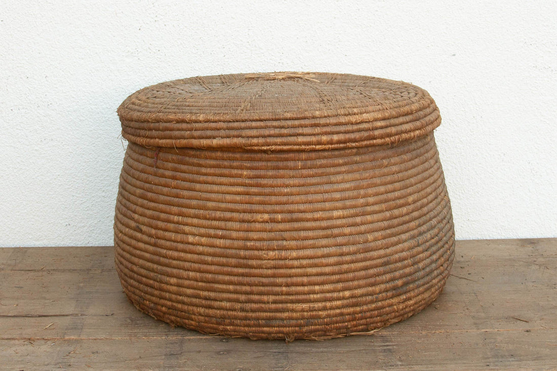 Earth Tone Antique Storage Basket with Lid