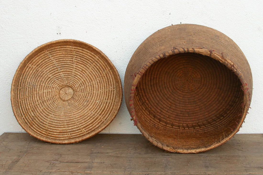 Earth Tone Antique Storage Basket with Lid